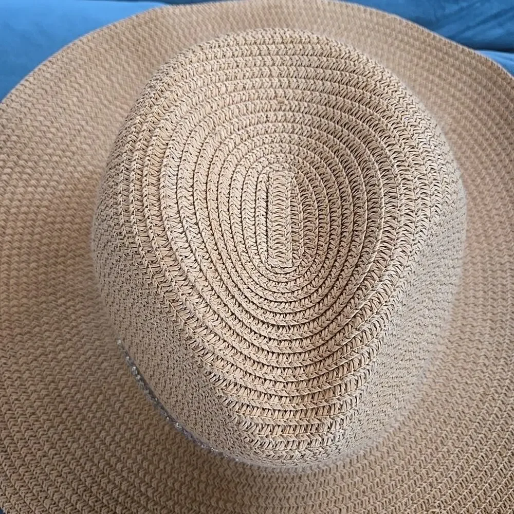 David and Young one size Tan Straw Sun Hat with Rhinestone Trim